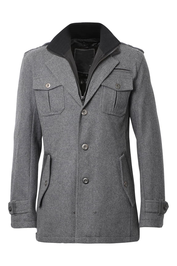 Mens Cabo Wool-Blend Overcoat with Detachable Zipper Bib Warm Winter Jacket