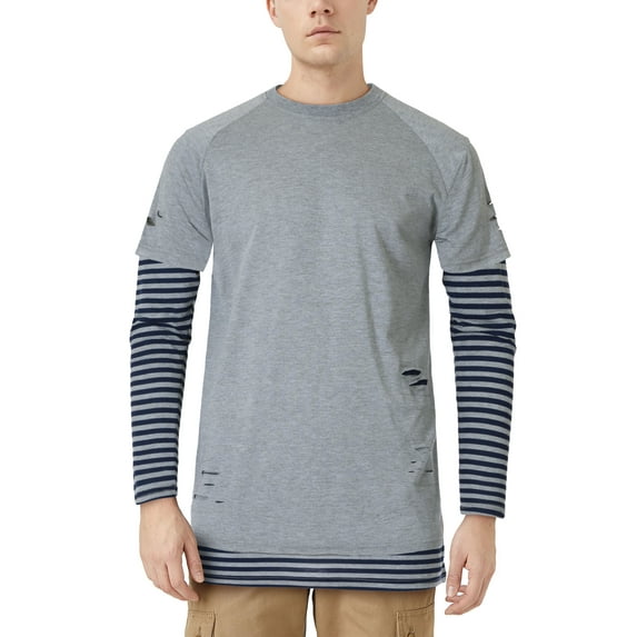 Ma Croix Mens Casual Double Layered Ripped Style Long Sleeve Shirt