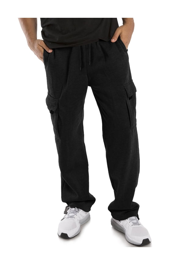 Mens Fleece Cargo Sweatpants Heavyweight Solid Open Bottom Long Pants
