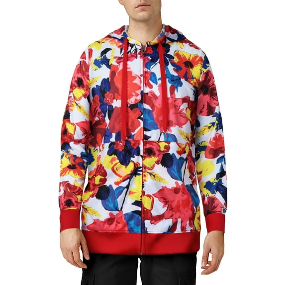 Ma Croix Mens Graphic Print Vibrant Flower Zip Up Hoodie Sweater