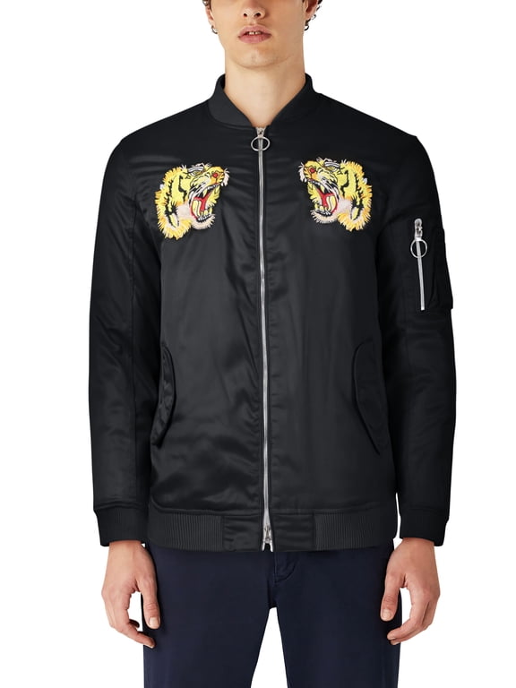 Mens Heavyweight Japanese Mythology Embroidered Patch Bomber Flight Military Zip-Up Jacket