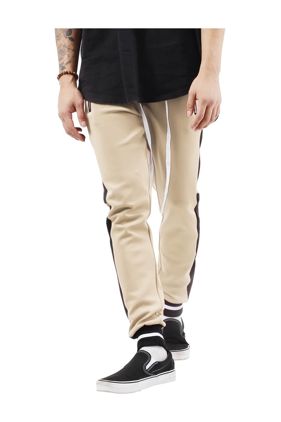 Mens Jogger Track Pants with Zipper Pockets Two Tone Stripe Casual Stretch Skinny Fit