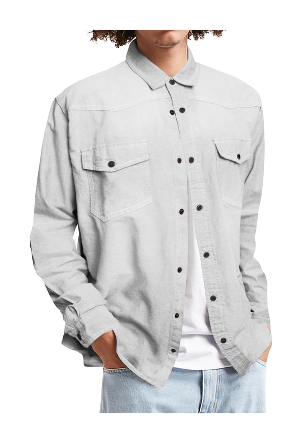 Mens Long Sleeve Denim Shirt Slim Fit Chambray Long Sleeve Button Down Shirt with Pocket