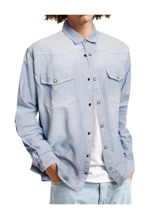 Mens Long Sleeve Denim Shirt Slim Fit Chambray Long Sleeve Button Down Shirt with Pocket
