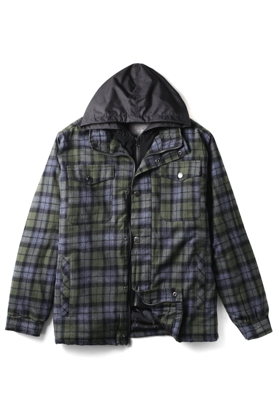 Mens Long Sleeve Padded Flannel Jacket with Hood