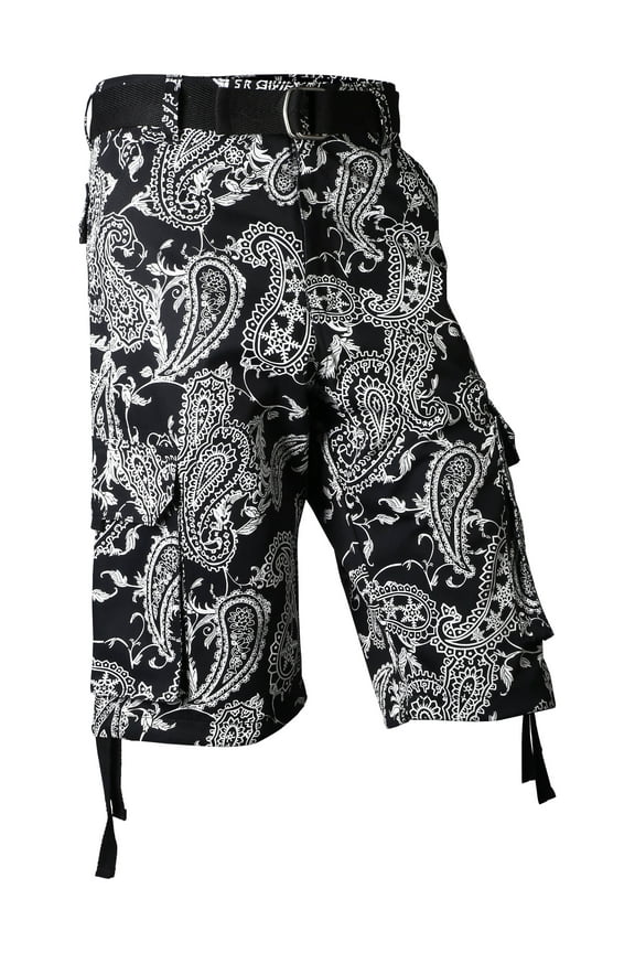 Mens Paisley Cargo Shorts Heavyweight Big and Tall Multi Pocket Outdoor Twill Shorts with Belt