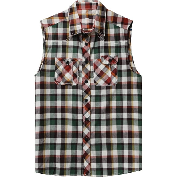 Ma Croix Mens Plaid Sleeveless Button Shirt Flannel Pattern