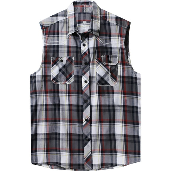 Ma Croix Mens Plaid Sleeveless Button Shirt Flannel Pattern