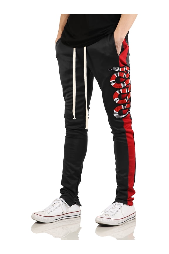 Mens Premium Hip Hop Skinny Taped Stripe Track Pants with Snake Embroidery