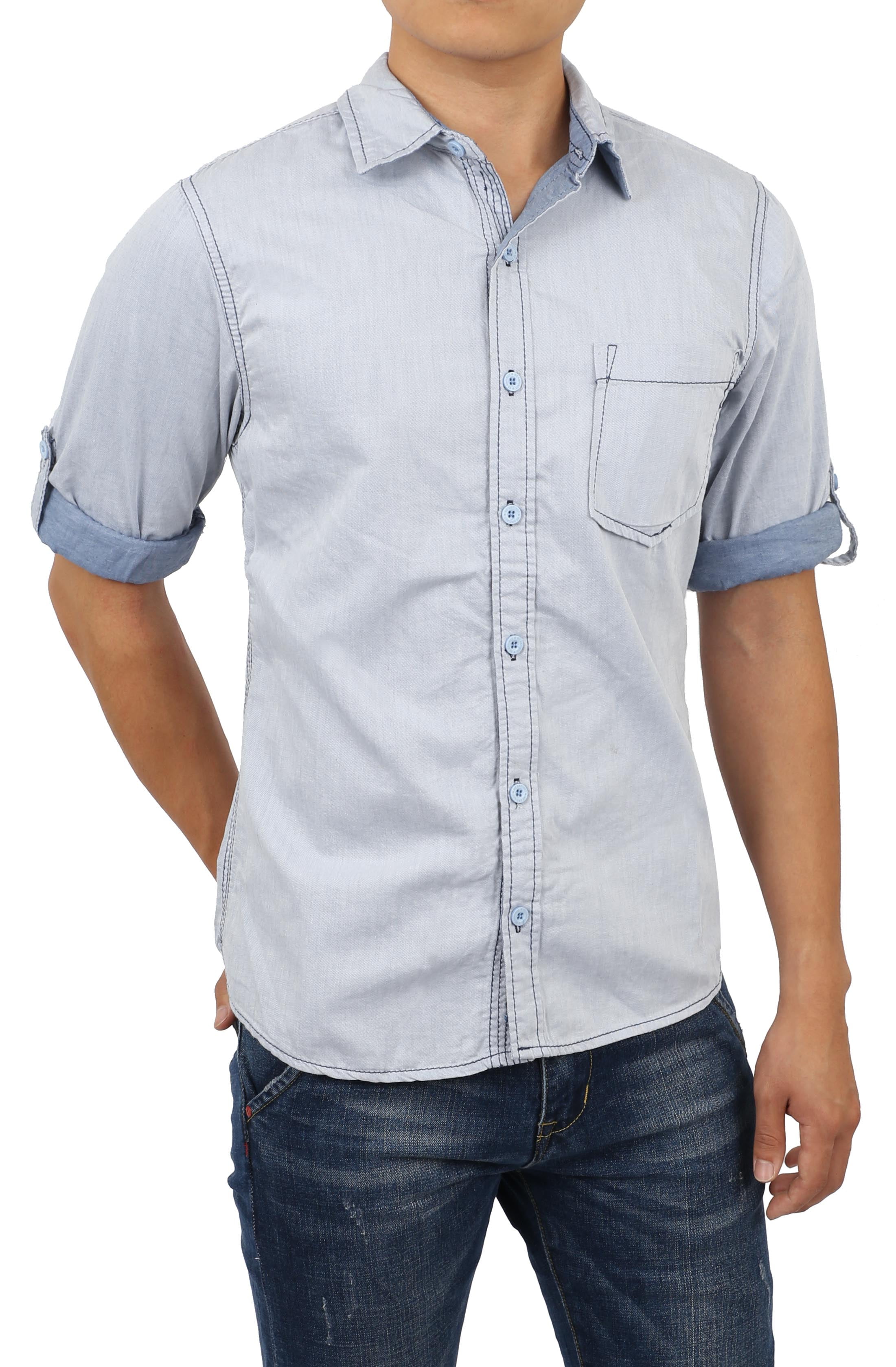 Ma Croix Mens Roll Up Sleeve Collar Button Down Chambray Striped Short ...