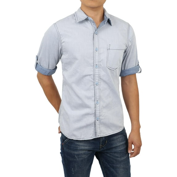 Ma Croix Mens Roll Up Sleeve Collar Button Down Chambray Striped Short Long Sleeve Casual Shirt