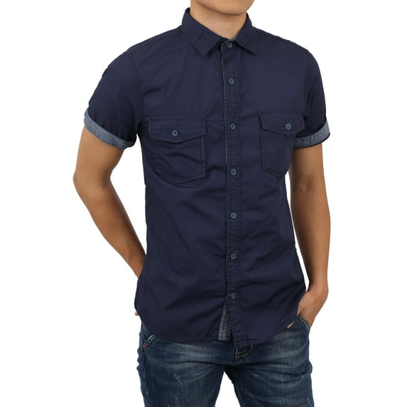 Ma Croix Mens Roll Up Sleeve Collar Button Down Chambray Striped Short Long Sleeve Casual Shirt