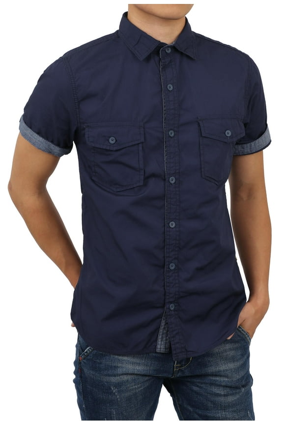 Mens Roll Up Sleeve Collar Button Down Chambray Striped Short Long Sleeve Casual Shirt