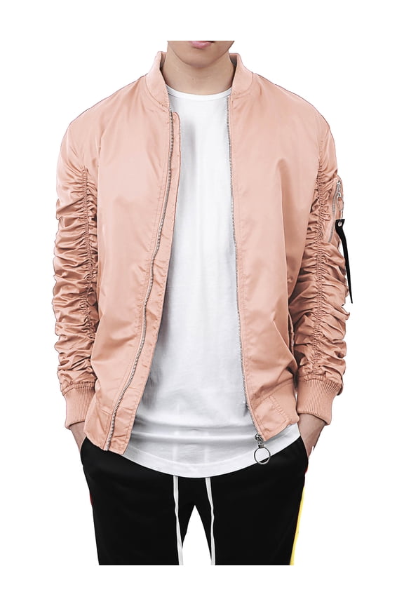 Mens Ruched Bomber Jacket Lightweight Waterproof Nylon Gathered Sleeve