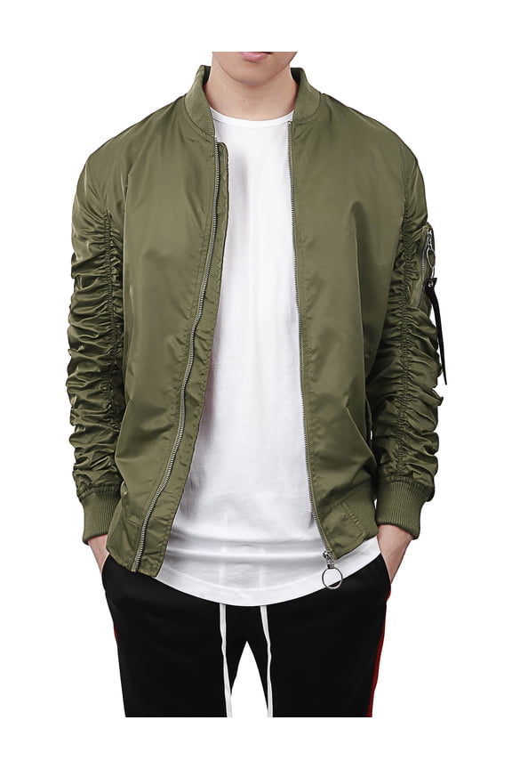 Mens Ruched Bomber Jacket Lightweight Waterproof Nylon Gathered Sleeve