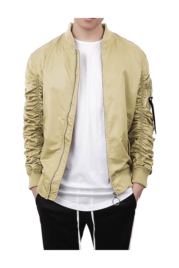 Mens Ruched Bomber Jacket Lightweight Waterproof Nylon Gathered Sleeve