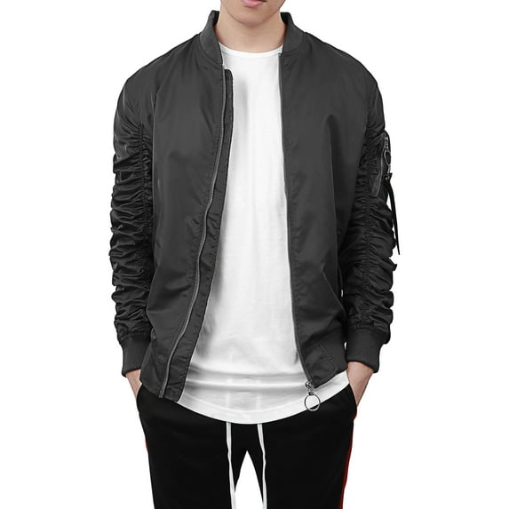 Ma Croix Mens Ruched Bomber Jacket Lightweight Waterproof Nylon Gathered Sleeve