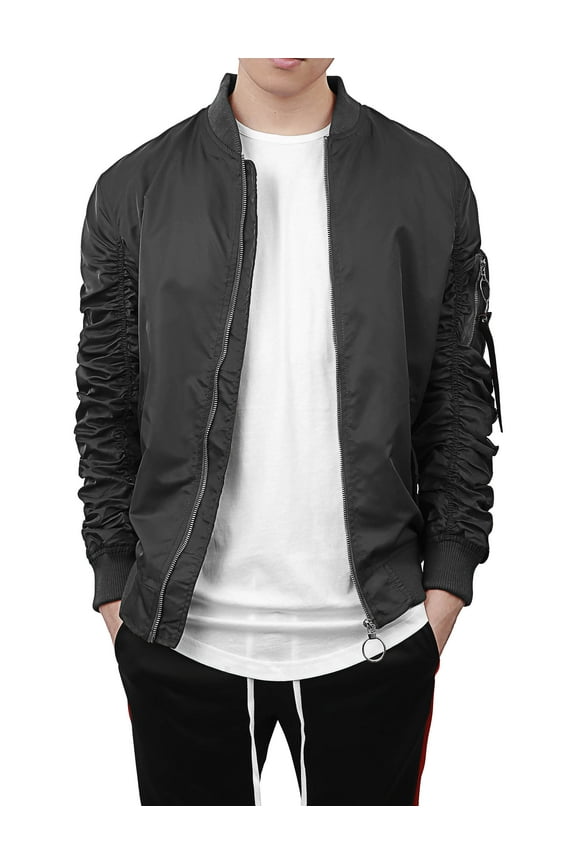 Mens Ruched Bomber Jacket Lightweight Waterproof Nylon Gathered Sleeve