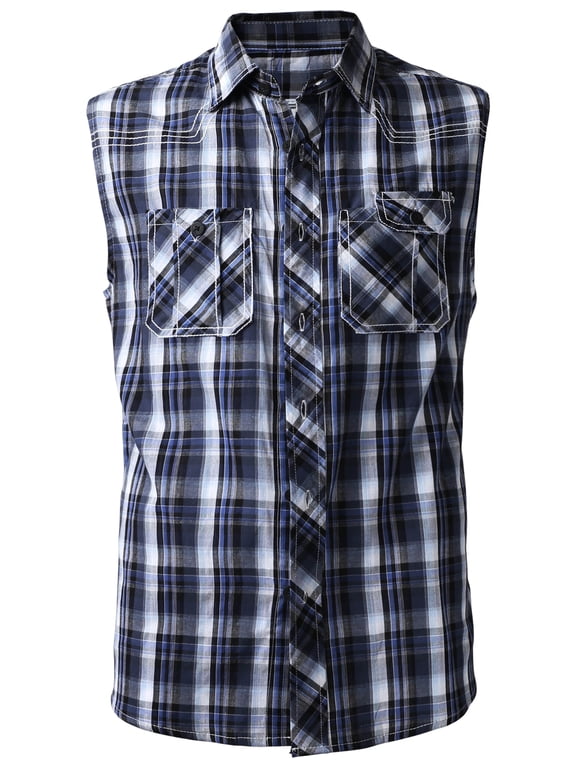 Mens Sleeveless Plaid Shirt Casual Button Down Flannel