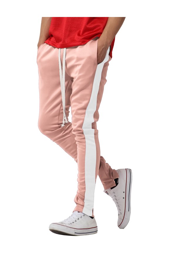 Mens Stripe Track Zipper Pants Two Tone Skinny Fit Elastic Athletic Training Bottom