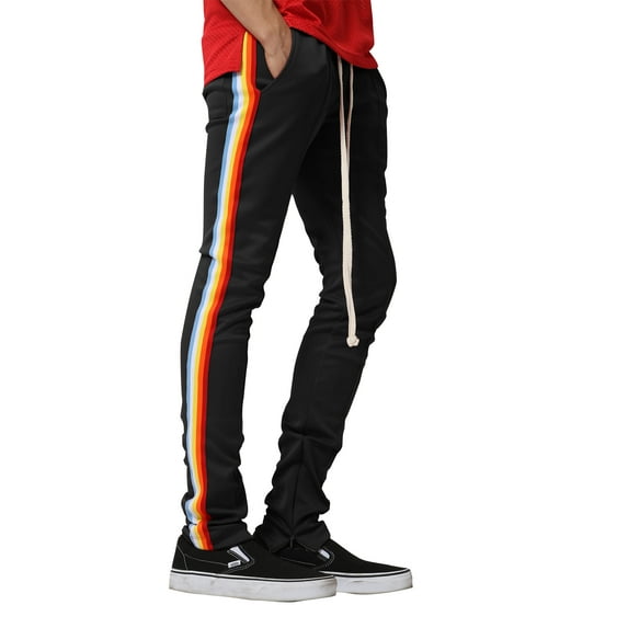 Ma Croix Mens Thick Rainbow Stripe Zipper Pants Thick Striped Skinny Fit Elastic Athletic Training Bottom