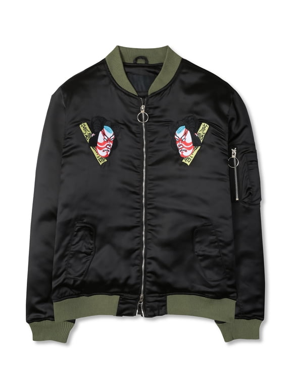 Mens Vintage East Asian Mythos Designer Patch Flight Bomber Zippered Jacket with MA-1 utility pocket