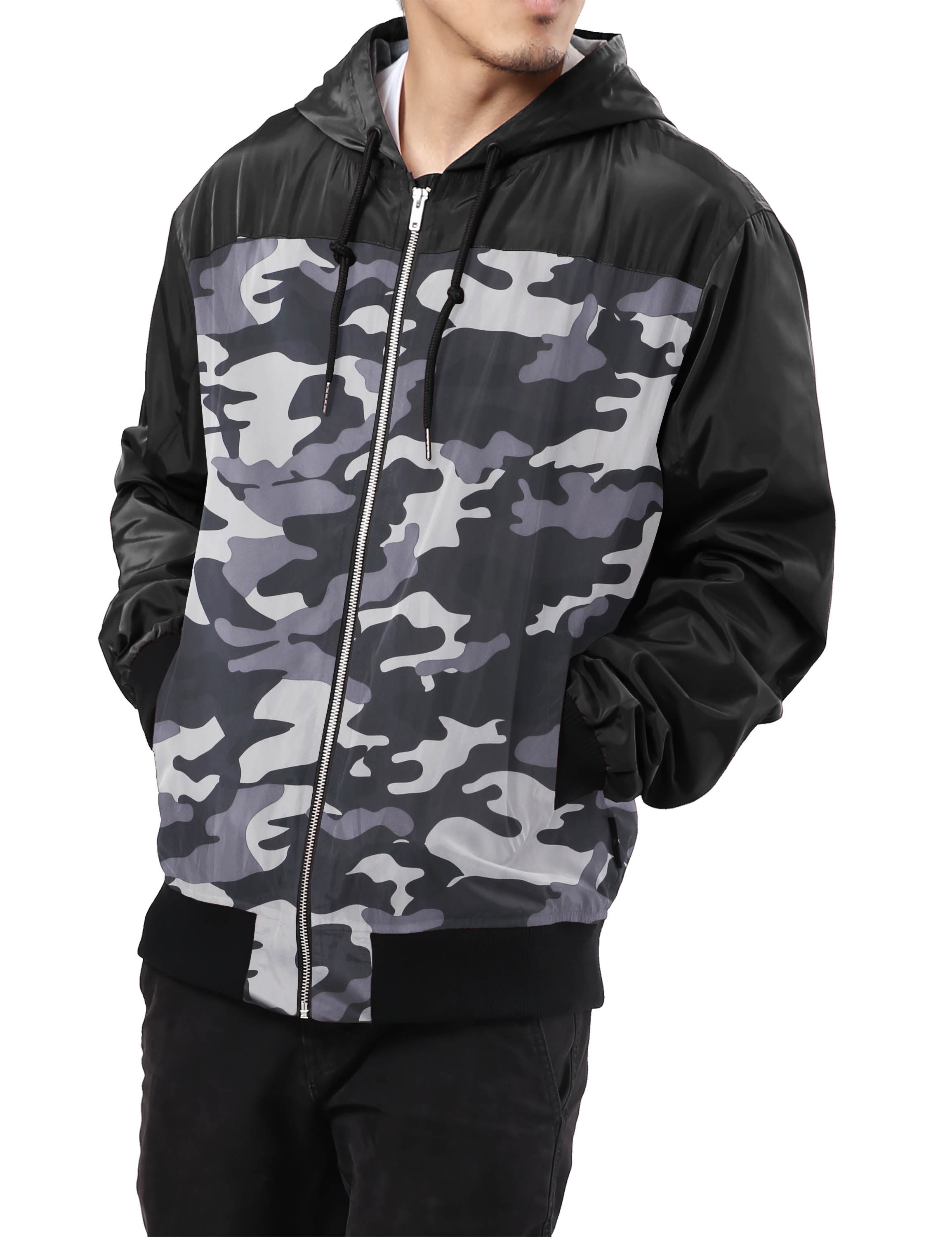 【KIXI】★(UNISEX) Camouflage Hooded Zip-Up Windbreaker Hat and Beyond Men's Lightweight Slim Fit Windbreaker Jacket