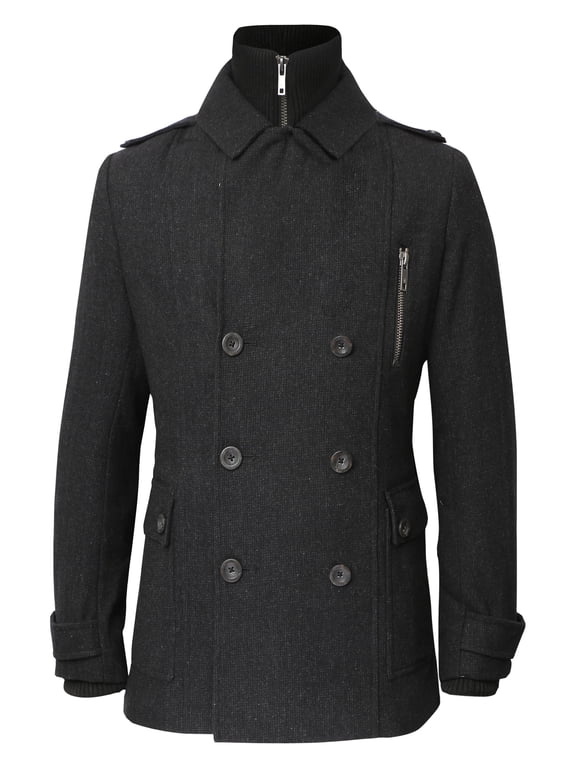 Mens Wool-Blend Classic Double Breasted Pea Coat with Detachable Turtle Neck Bib