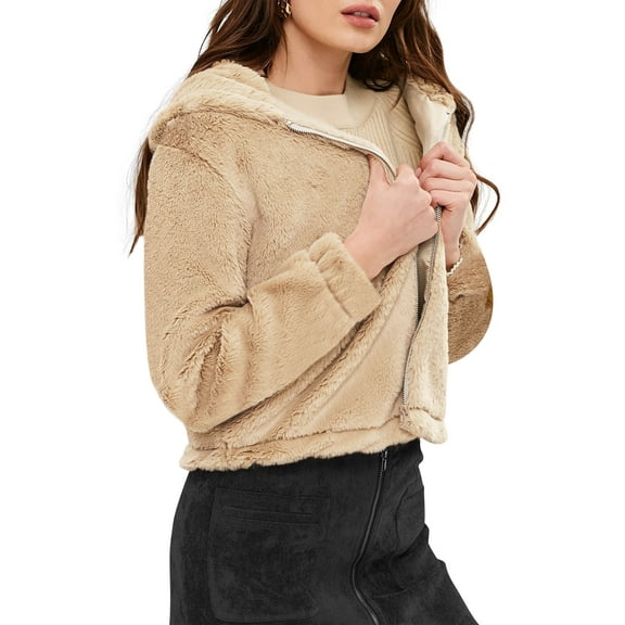 Ma Croix Women's Faux Fur Zip Up Jacket with Hood