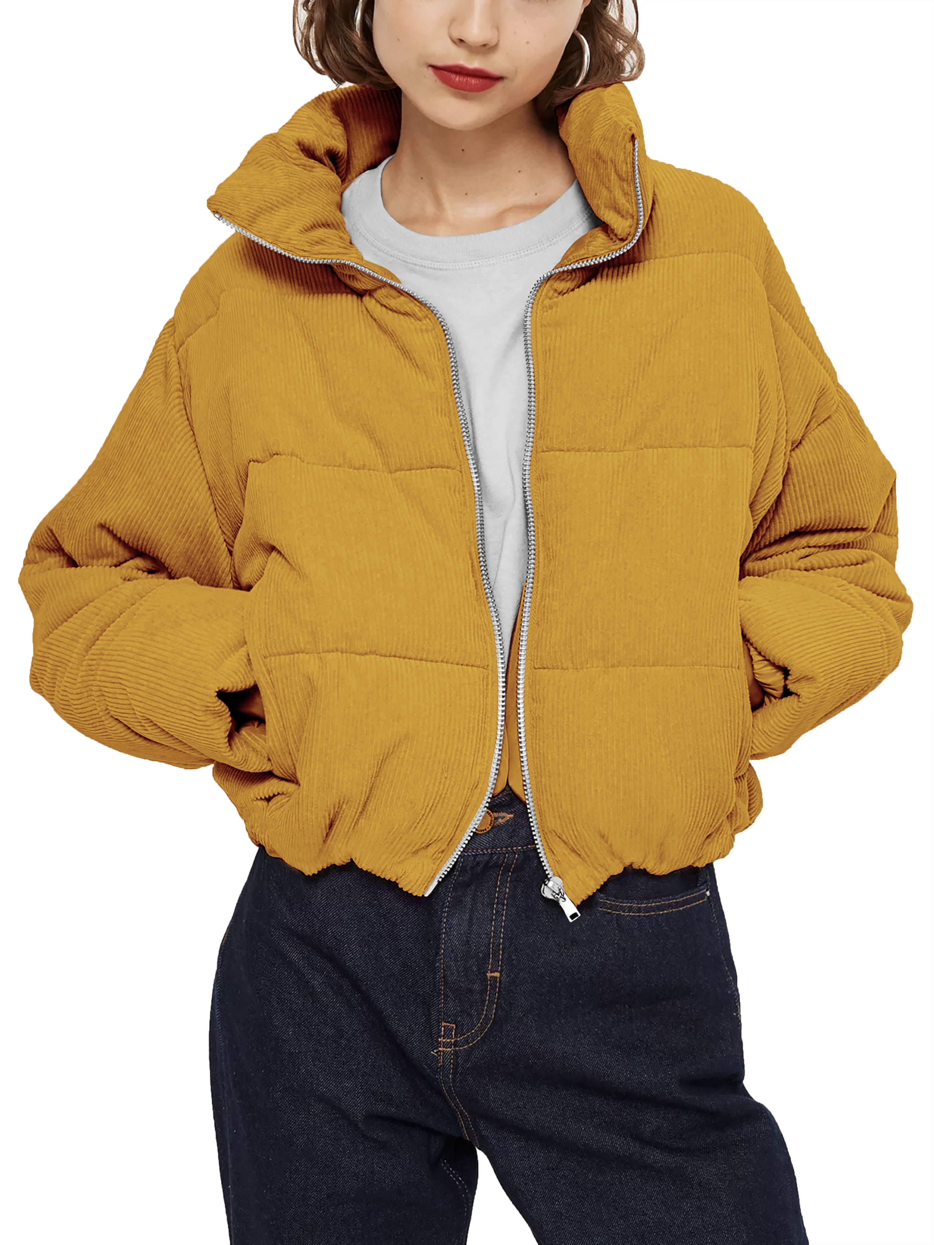 Ma Croix Women's Fluffy Cropped Corduroy Slim Fit Puffer Jacket