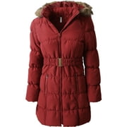 Womens Belted Quilted Puffer Coat Detachable Fur Hoodie Lightweight Faux Fur Winter Jacket