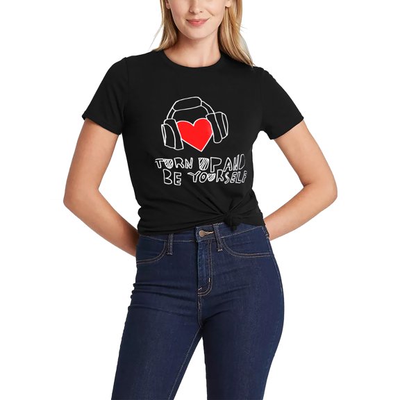 Ma Croix Womens Graphic Print Heart Headphones Lightweight T Shirt