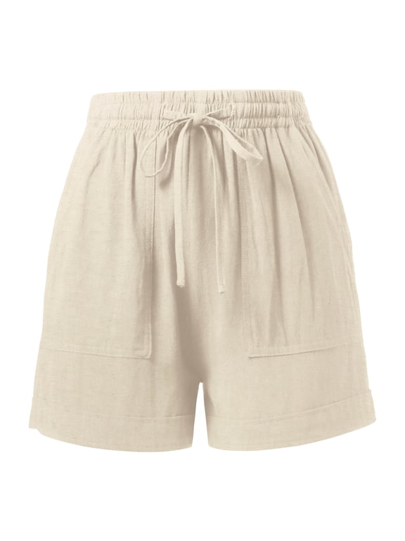 Womens Premium Linen Shorts with Drawstring Pocket Details Comfy Elastic Waist Pull-On Shorts