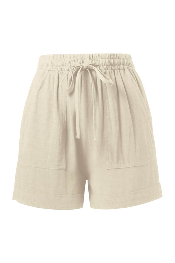 Womens Premium Linen Shorts with Drawstring Pocket Details Comfy Elastic Waist Pull-On Shorts