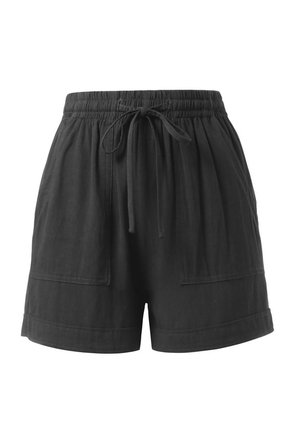 Womens Premium Linen Shorts with Drawstring Pocket Details Comfy Elastic Waist Pull-On Shorts