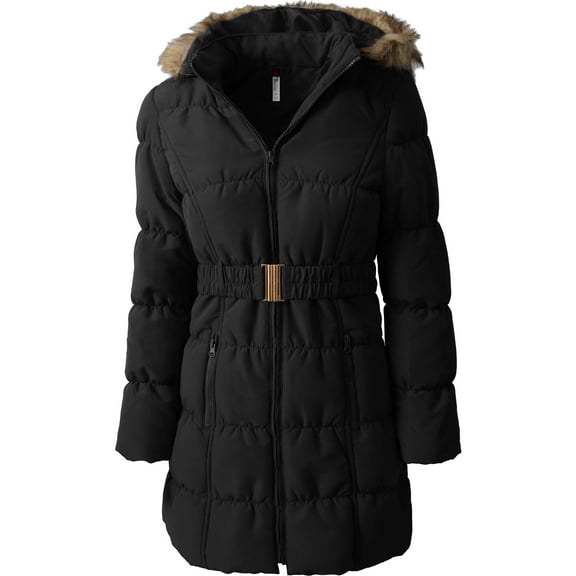 Ma Croix Womens Quilted Puffer Coat with Belt Lightweight Detachable Faux Fur Hoodie Jacket Winter Outerwear