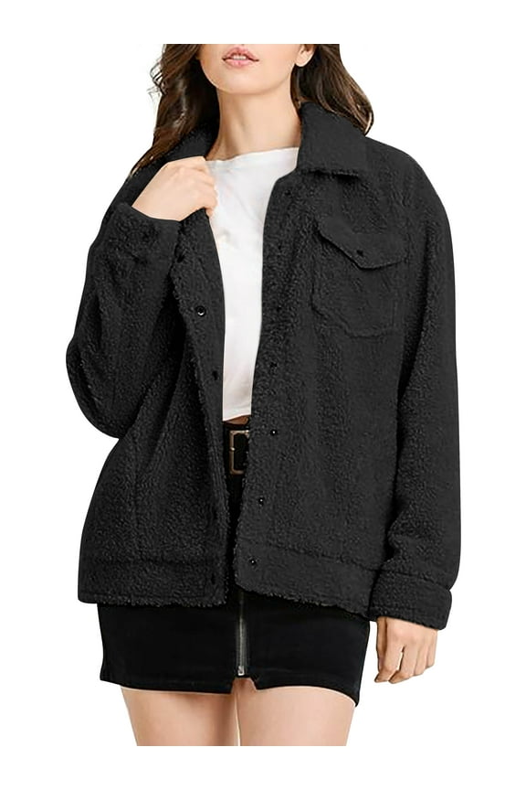 Womens Teddy Bear Jacket Long Sleeve Faux Fur Shearling Coat