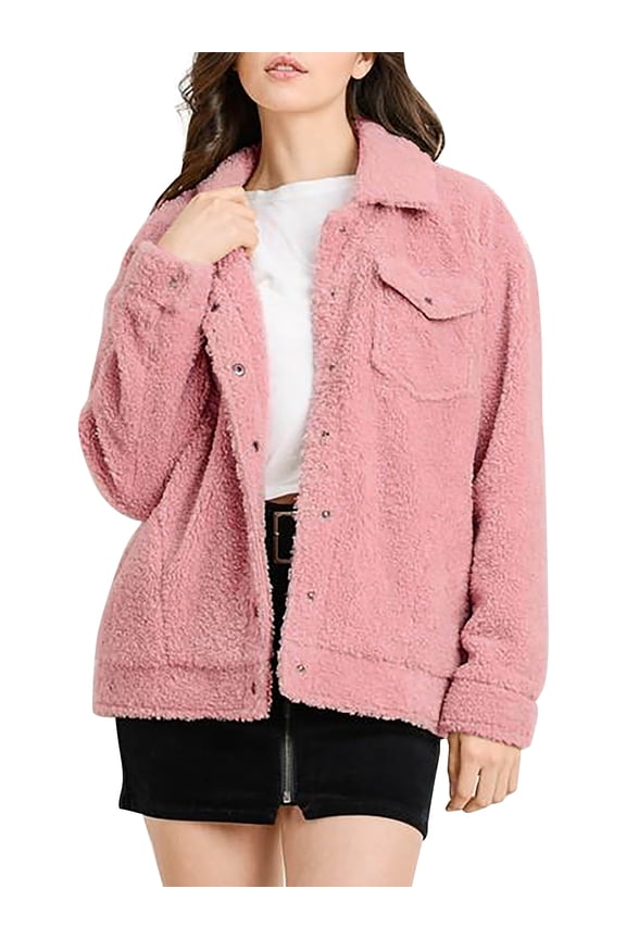 Womens Teddy Bear Jacket Long Sleeve Faux Fur Shearling Coat