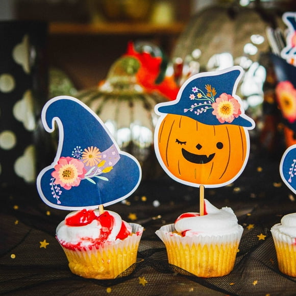 Ma Fete Halloween Cupcake Toppers, 16-Count  Pumpkin & Witch Hat Designs with Gold Foil Accents