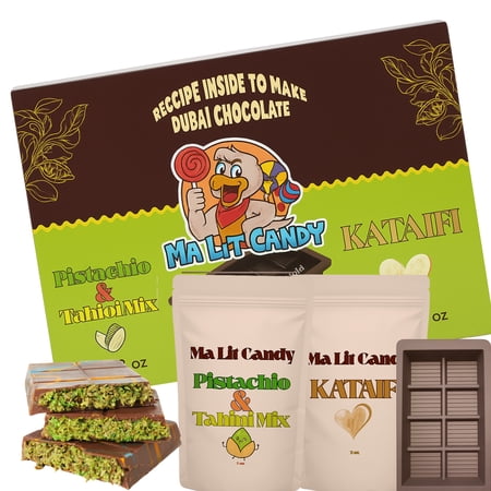 Ma Lit Candy Dubai Chocolate Bar Kit - INCLUDES Kataifi, Pistachio & Tahini Cream, Recipe, & Silicone Mold - Chocolate NOT Included - TikTok Popular Dubai Knafeh Pistachio Bar Kit