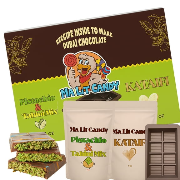 Ma Lit Candy Dubai Chocolate Bar Kit - INCLUDES Kataifi, Pistachio & Tahini Cream, Recipe, & Silicone Mold - Chocolate NOT Included - TikTok Popular Dubai Knafeh Pistachio Bar Kit