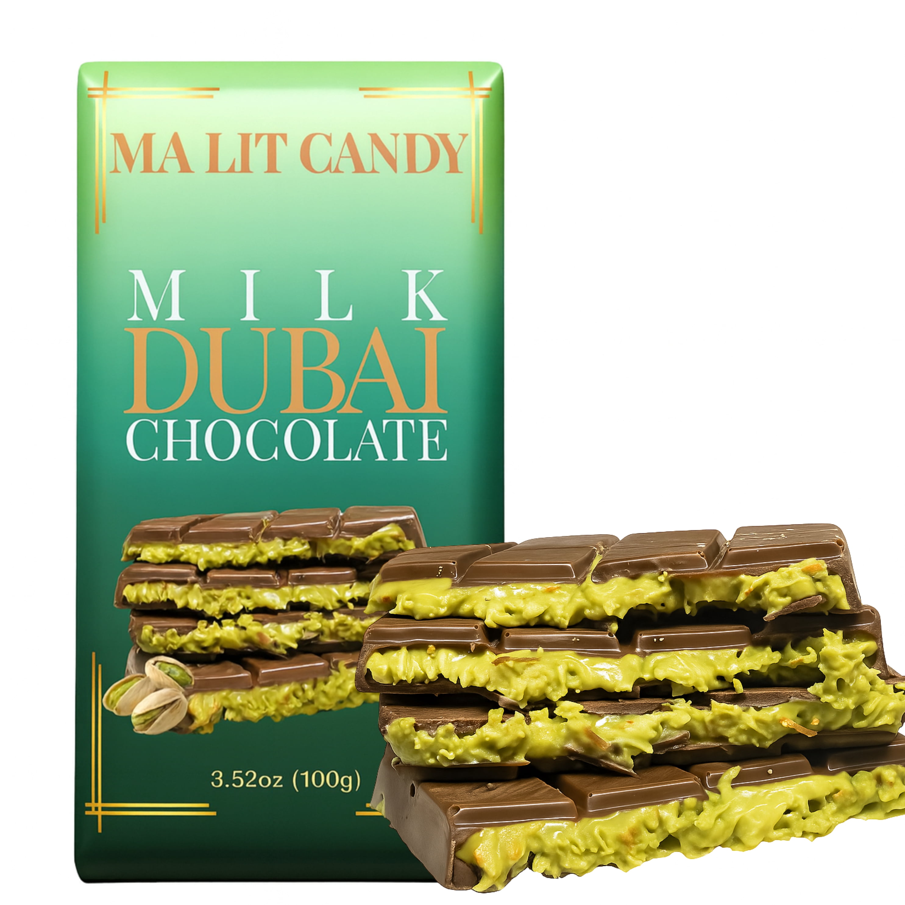 Dubai Chocolate Bar - 3.52oz (100g) - Luxury MA LIT CANDY Milk Dubai Chocolate Bar with Pistachio & Knafeh (Kataifi) - Viral Dubai Chocolate