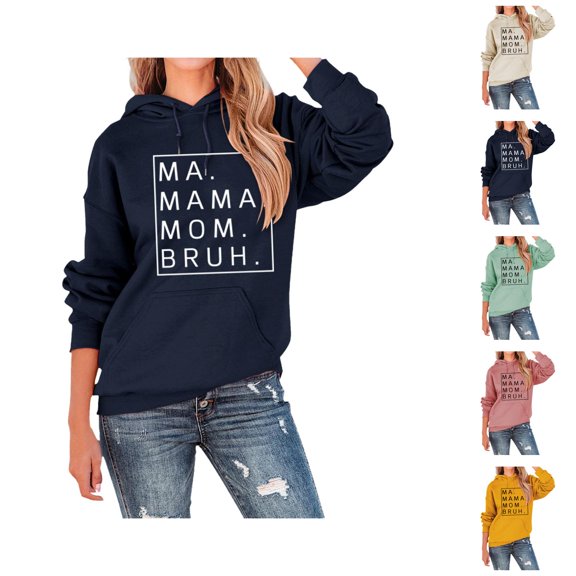 Ma Mama Mom Bruh Hoodies for Women 2025 Long Sleeve Hoodie Pockets Ma Mama Mom Bruh Hooded Sweatshirt Women Pullover