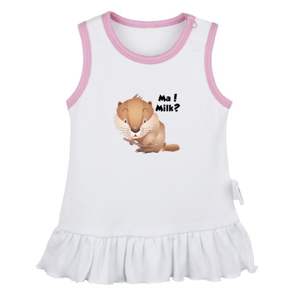 Ma! Milk? Funny Dresses For Baby, Newborn Babies Animal Beaver Pattern Skirts, Infant Princess Dress, 0-24M Kids Graphic Clothes (White Sleeveless Dresses, 6-12 Months)