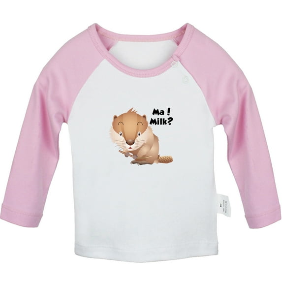 Ma! Milk? Funny T shirt For Baby, Newborn Babies Animal Beaver T-shirts, Infant Tops, 0-24M Kids Graphic Tees Clothing (Long Pink Raglan T-shirt, 0-6 Months)