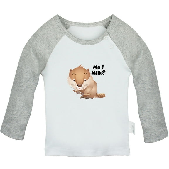 Ma! Milk? Funny T shirt For Baby, Newborn Babies Animal Beaver T-shirts, Infant Tops, 0-24M Kids Graphic Tees Clothing (Long Gray Raglan T-shirt, 6-12 Months)
