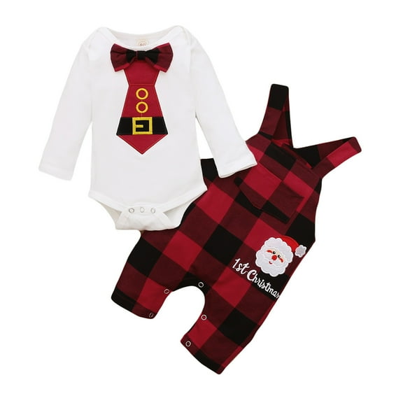 MaBaby 0-12M Newborn Infant Baby Boy My 1st Christmas Clothes Set 3M 6M 9M 12M Bow Rompers Plaid Jumpsuit Overalls Outfits