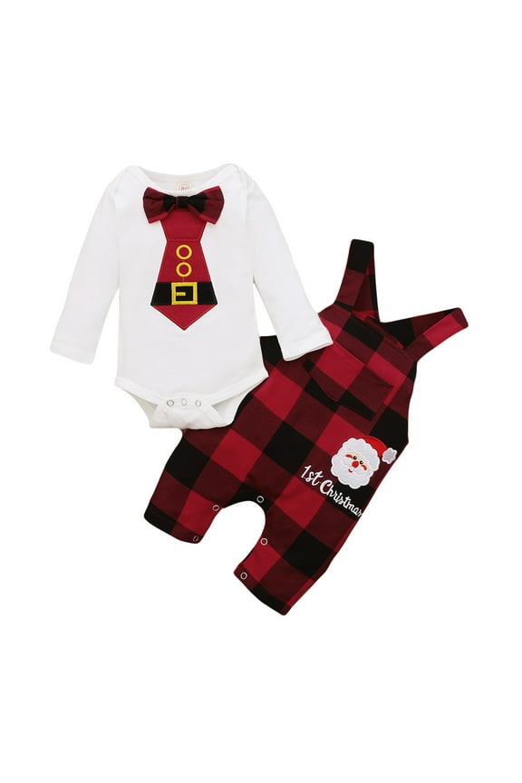 0-12M Newborn Infant Baby Boy My 1st Christmas Clothes Set 3M 6M 9M 12M Bow Rompers Plaid Jumpsuit Overalls Outfits