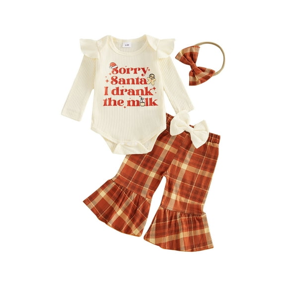 MaBaby Baby Toddler Girls Christmas Outfits 0 3 6 12 18 Months Long Sleeve Romper with Flare Pants Headband Set Newborn Clothes