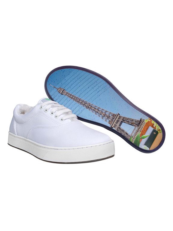 Unisex Canvas with Fur Lace Up Fashion Shoe With Unique Sole, Comfy Sneakers, Canvas Sneakers, Fur Lined Shoes, Office Shoes- White/Window View Eiffel Tower 9M/10W